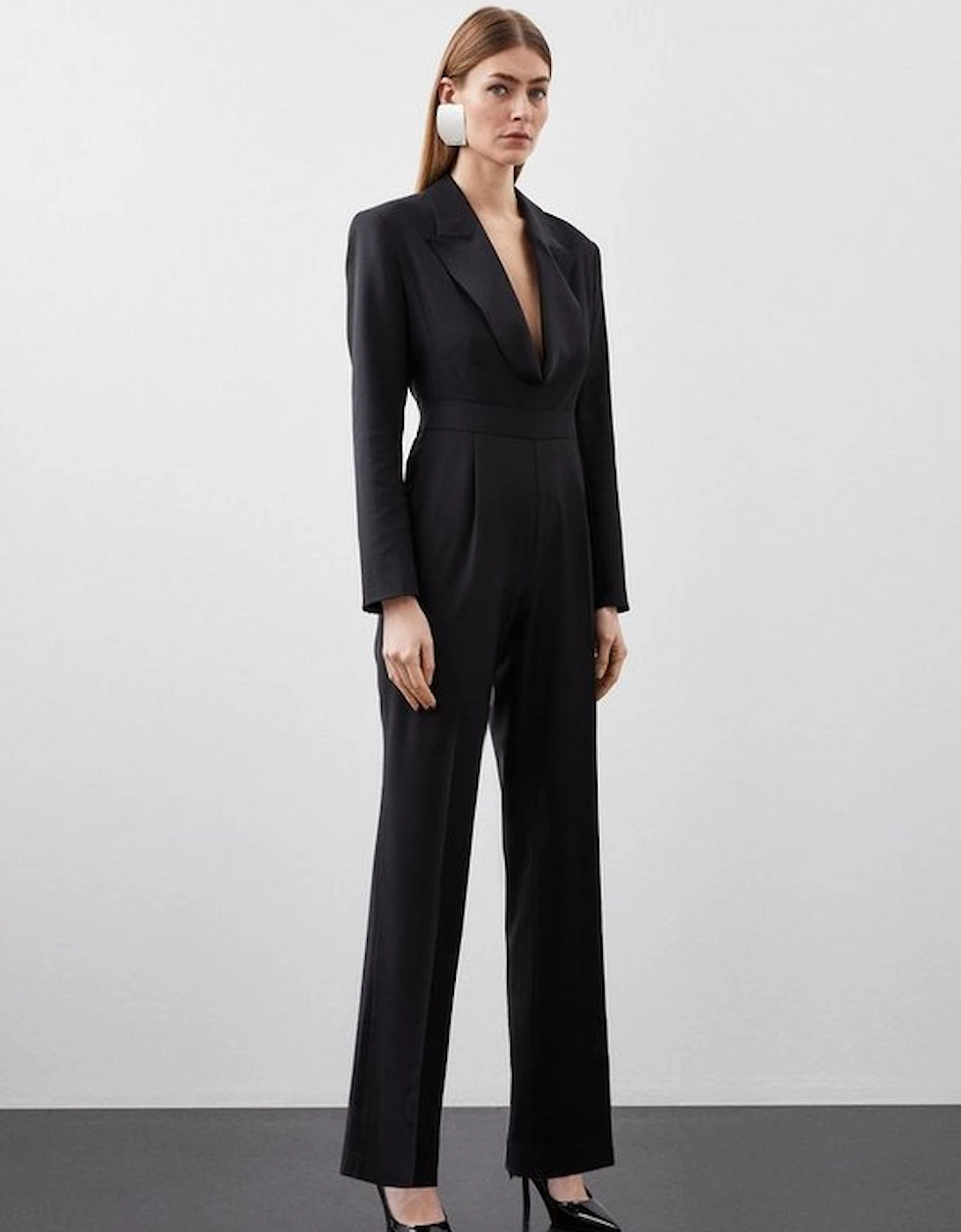 Wool Blend Curved Neckline Tailored Blazer Jumpsuit