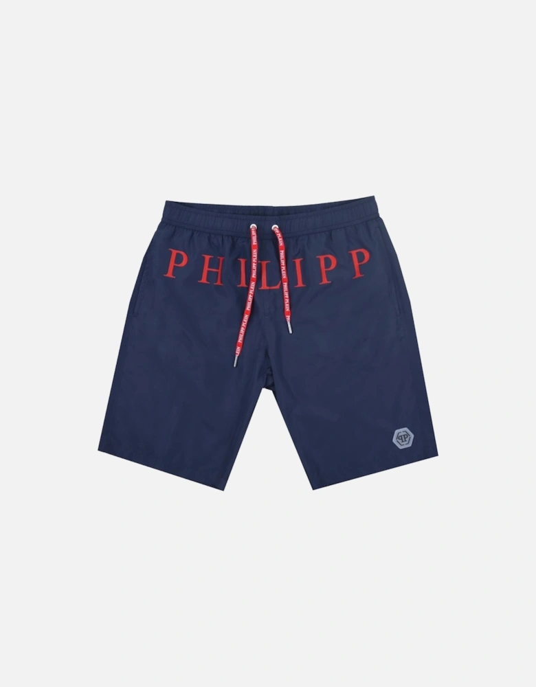 Red Brand Logo Navy Blue Swim Shorts