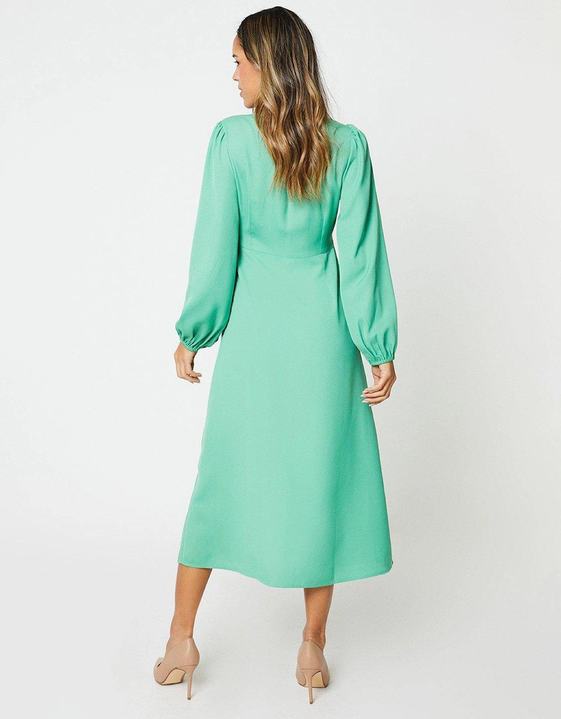 Twist Front Long Sleeve Midi Dress - Green