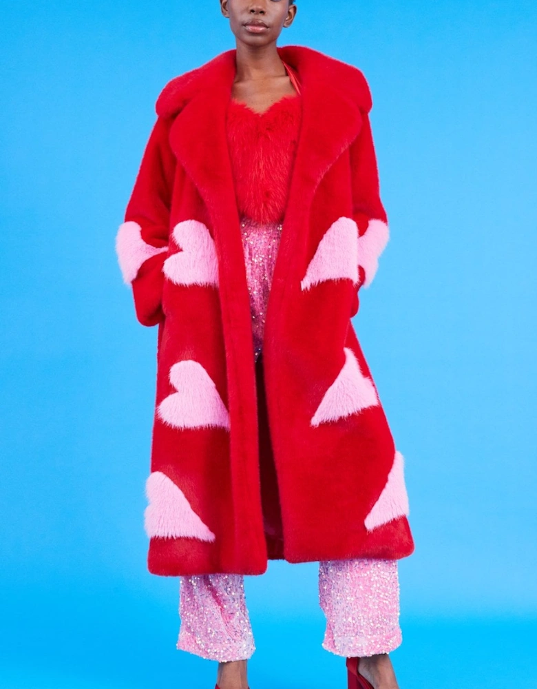 Maxi Eco Bamboo Faux Fur Coat with Love Heart Detailing