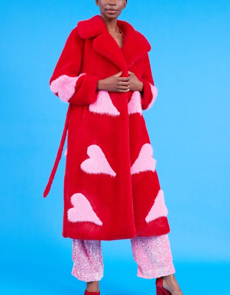 Maxi Eco Bamboo Faux Fur Coat with Love Heart Detailing