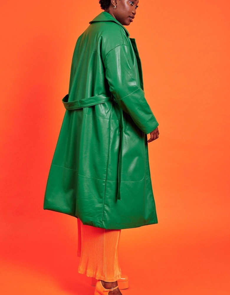 Green Maxi Eco Leather Puffer Coat