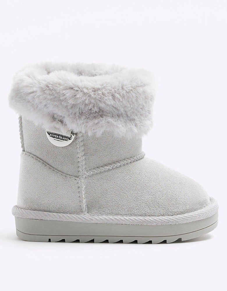 Mini Girls Faux Fur Lined Wedge Boots - Grey