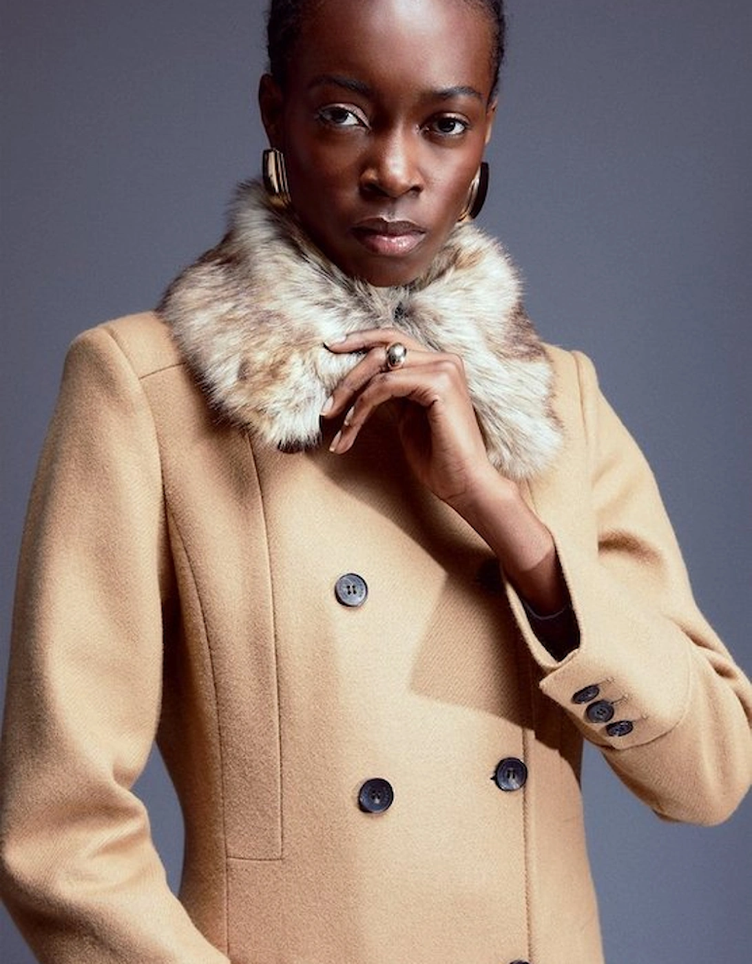 Italian Manteco Wool Blend Faux Fur Collar Coat