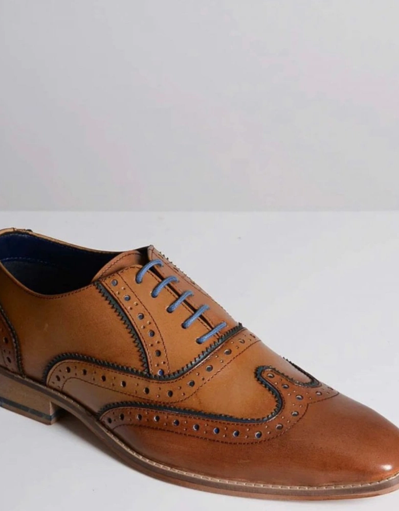 Marco Leather Wingtip Oxford Brogue Shoe - Tan Navy