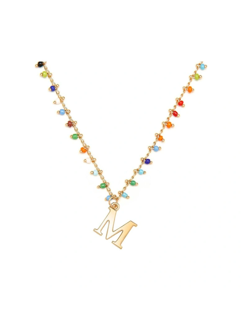 Gold Plated Rainbow Bead Letter Charm Necklace