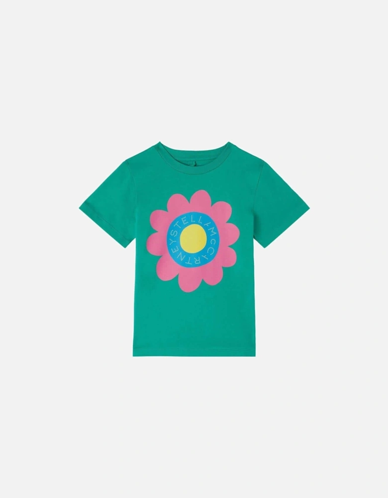Girls Green Cotton Flower Logo T-Shirt