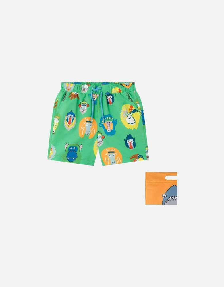 Boys Green Monkey Print Swim Shorts