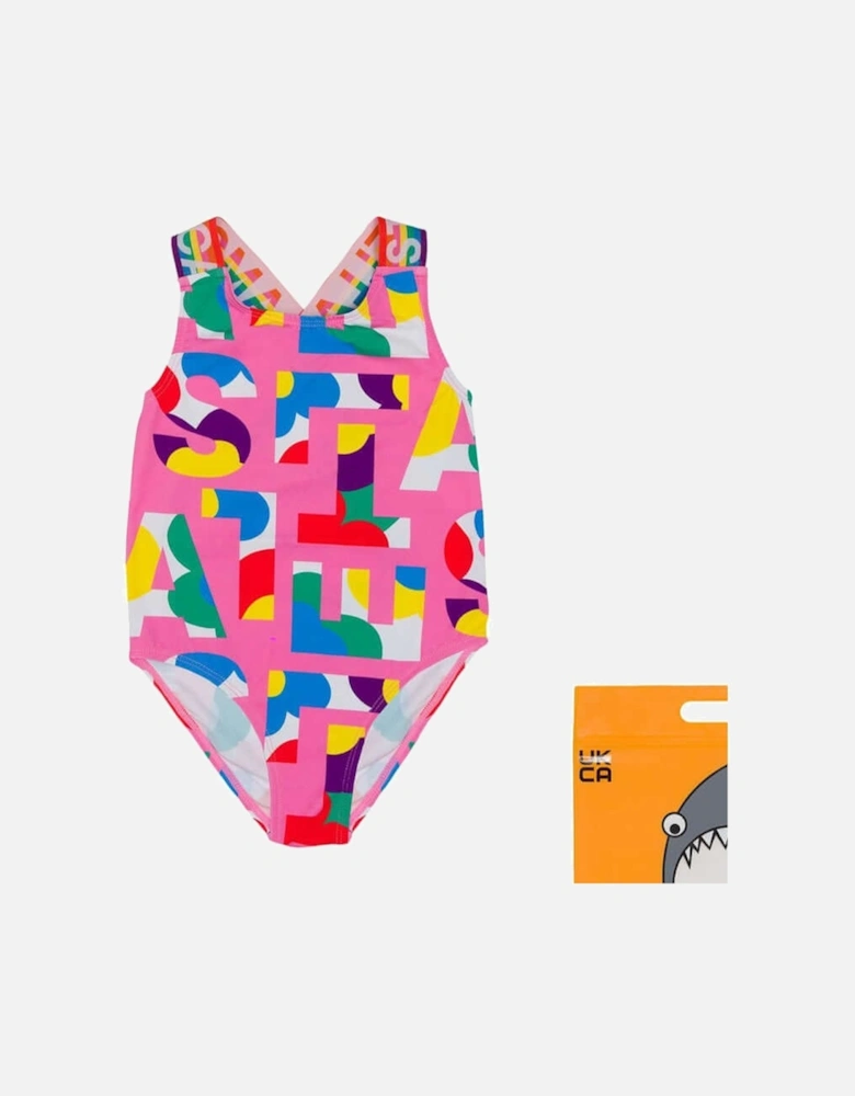 Girls Pink Logo Swimming Costume
