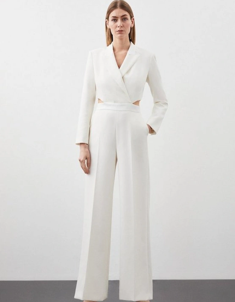 Tailored Compact Stretch Tuxedo Wide Leg Jumpsuit