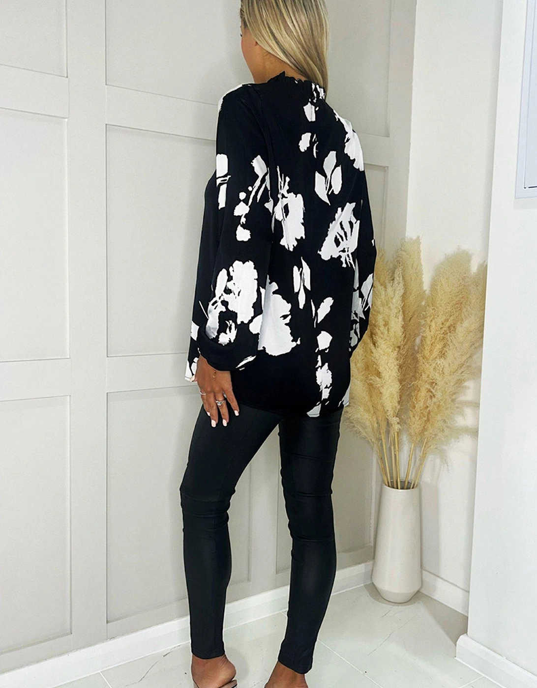 Black And White Print Ruffle Neck Long Sleeve Top