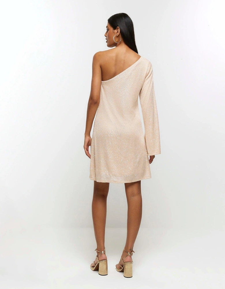 One Shoulder Sequin Dress - Cream