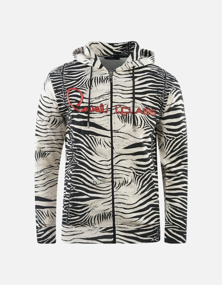 Cavalli Class Zebra Print Zip-Up Black Hoodie