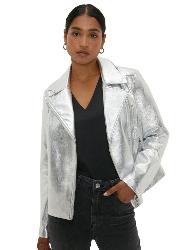 Womens/Ladies Metallic Faux Leather Biker Jacket