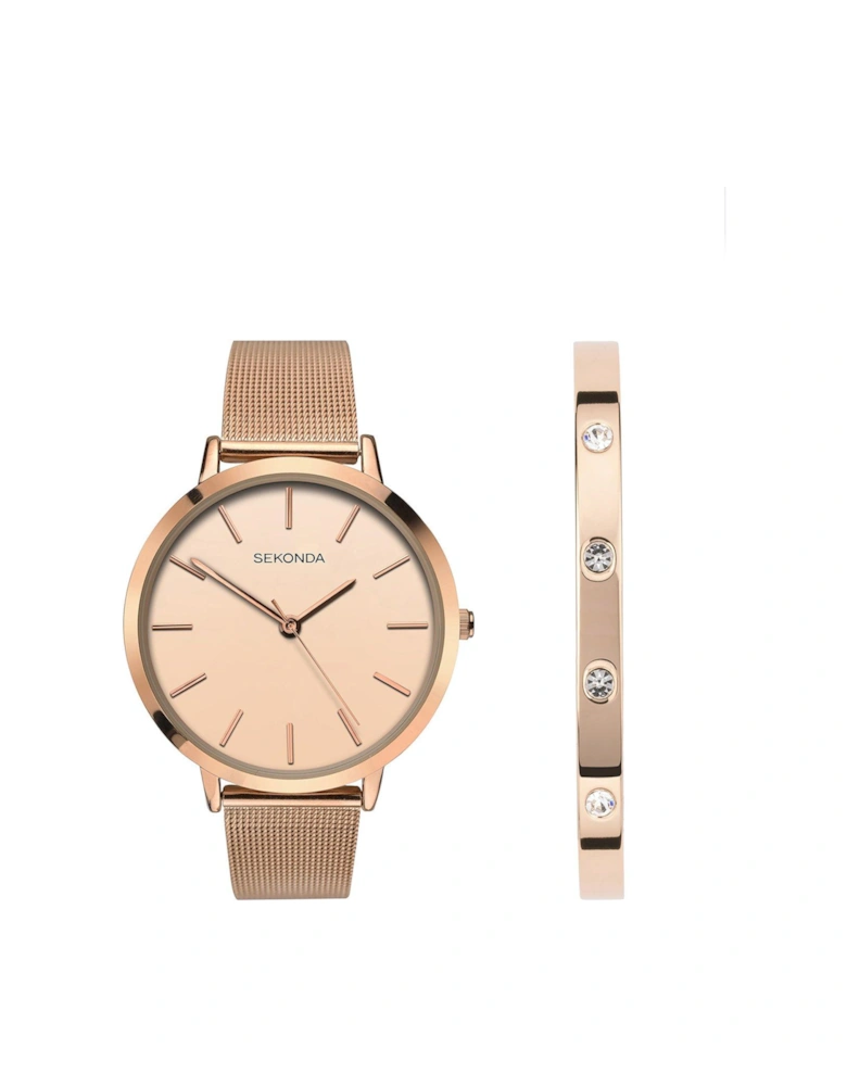 Classic Gift Set Womens 38mm Analogue Watch with Rose Dial, Rose Gold Stainless Steel Mesh Bracelet and Matching Stone Set Bangle