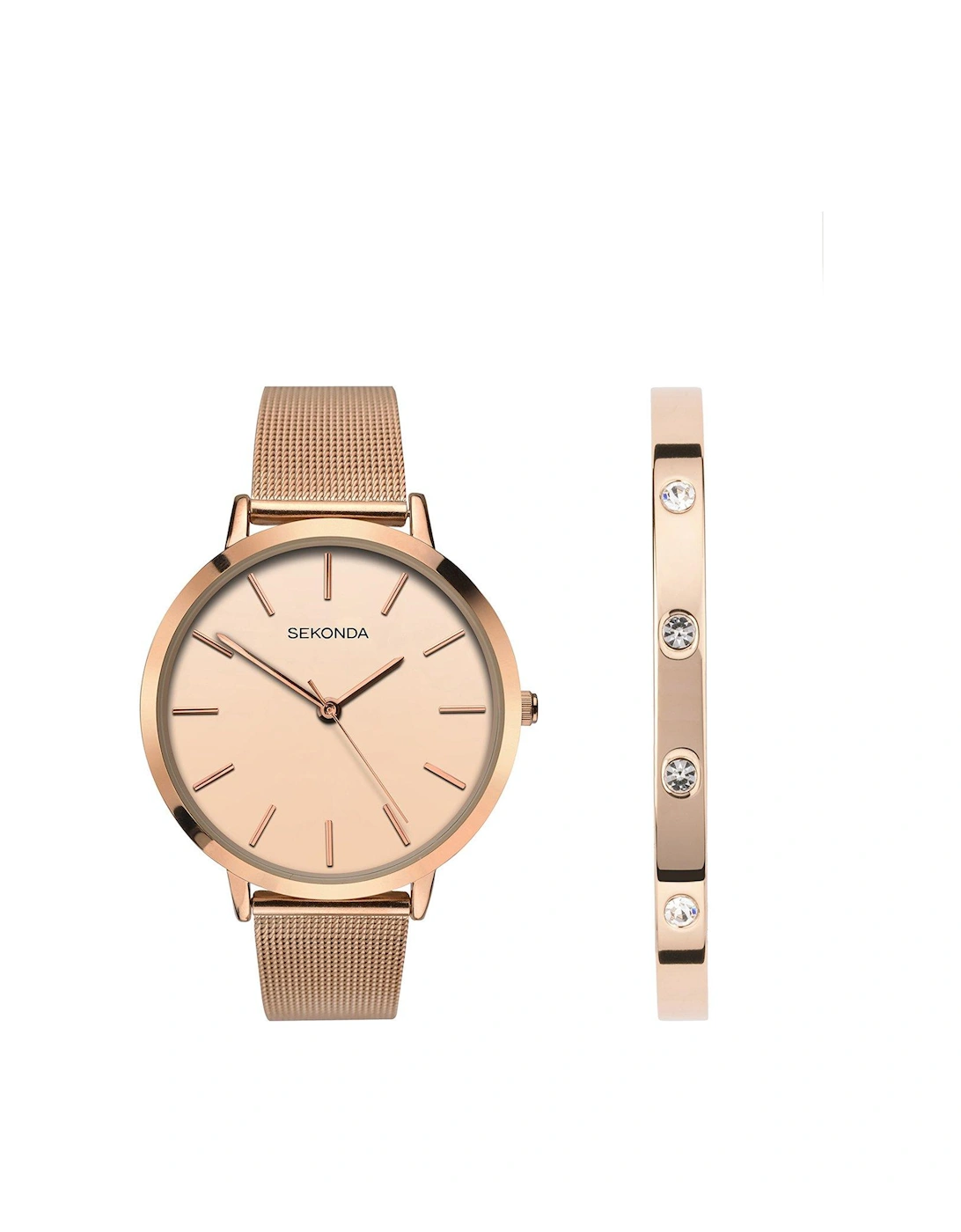 Classic Gift Set Womens 38mm Analogue Watch with Rose Dial, Rose Gold Stainless Steel Mesh Bracelet and Matching Stone Set Bangle, 3 of 2