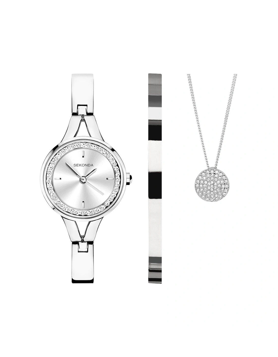 Gift Set Womens 24mm Analogue Watch with Stone Set Silver Dial, Silver Alloy Semi-Bangle Bracelet, Matching Stone Set Pendant and Bangle, 3 of 2