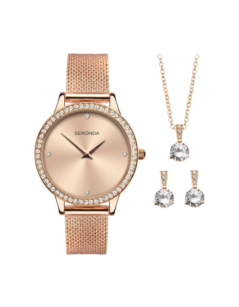 Dress Gift Set Womens 29mm Analogue Watch with Rose Gold Stone Set Dial Rose Gold Stainless Steel Mesh Bracelet Matching Pendant and Earrings