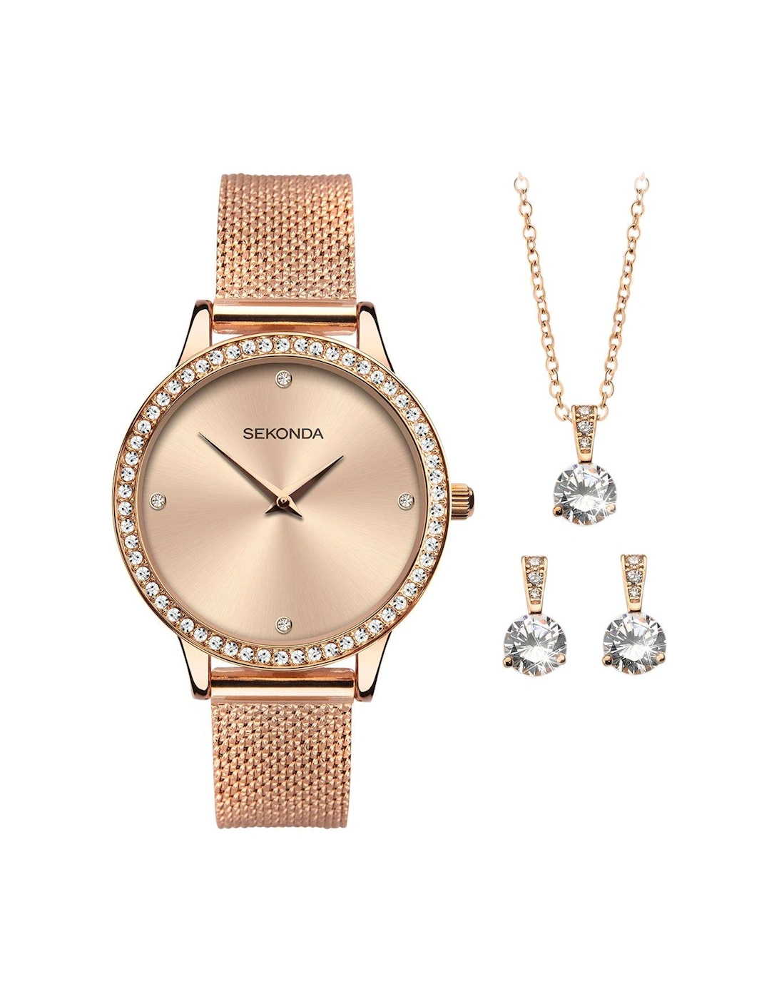 Dress Gift Set Womens 29mm Analogue Watch with Rose Gold Stone Set Dial Rose Gold Stainless Steel Mesh Bracelet Matching Pendant and Earrings, 3 of 2