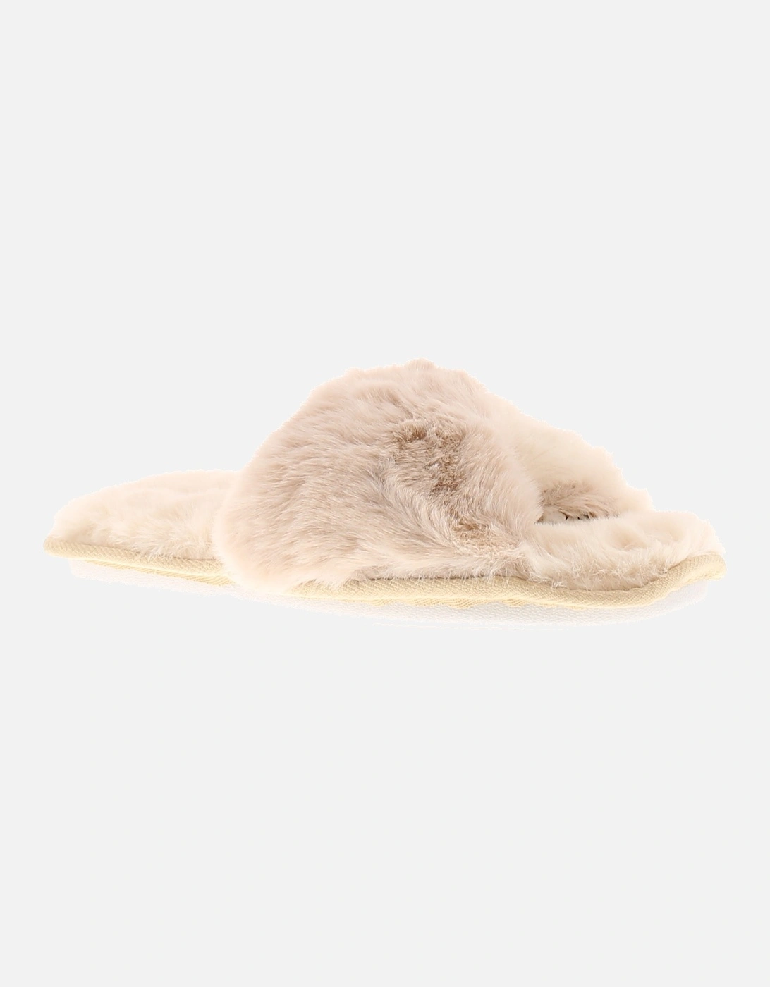 Womens Slippers Lulu Slip On Faux Fur Open Toe Beige UK Size, 6 of 5