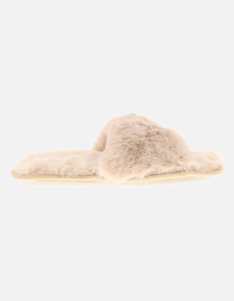 Womens Slippers Lulu Slip On Faux Fur Open Toe Beige UK Size