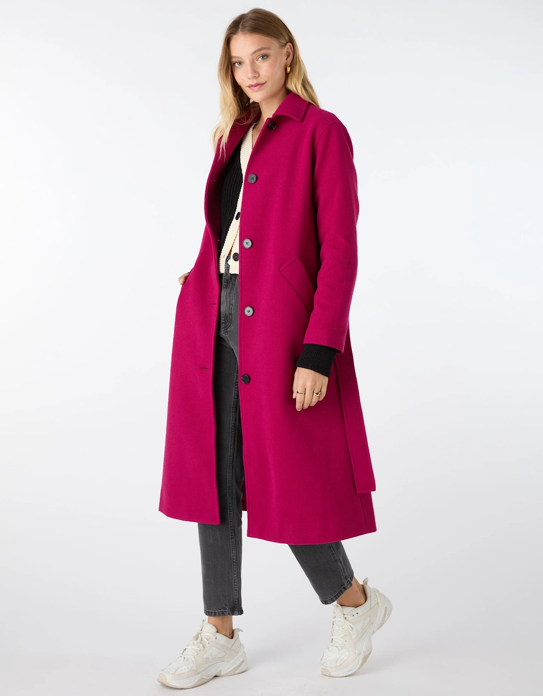 Vienna Single Breasted Belted Coat in Magenta