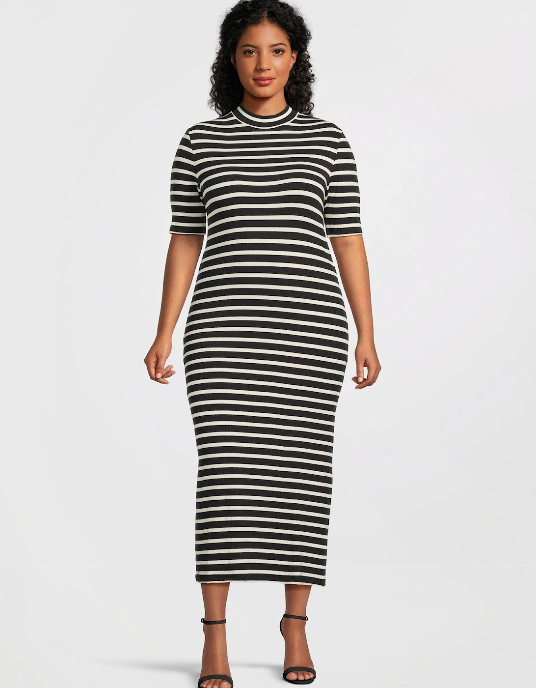 Curve Ribbed Stripe Short-Sleeve Midi Dress - Black, 6 of 5