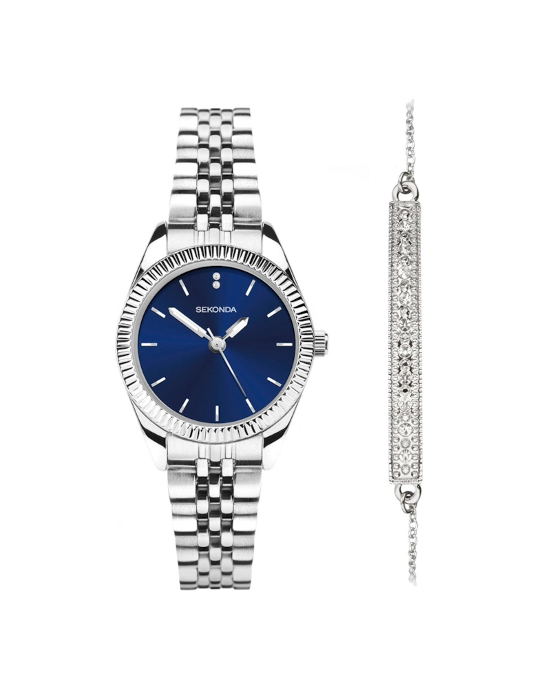 Classic Gift Set Womens 26mm Analogue Watch with Blue Dial, Silver Stainless Steel Bracelet and Stone Set Matching Bracelet