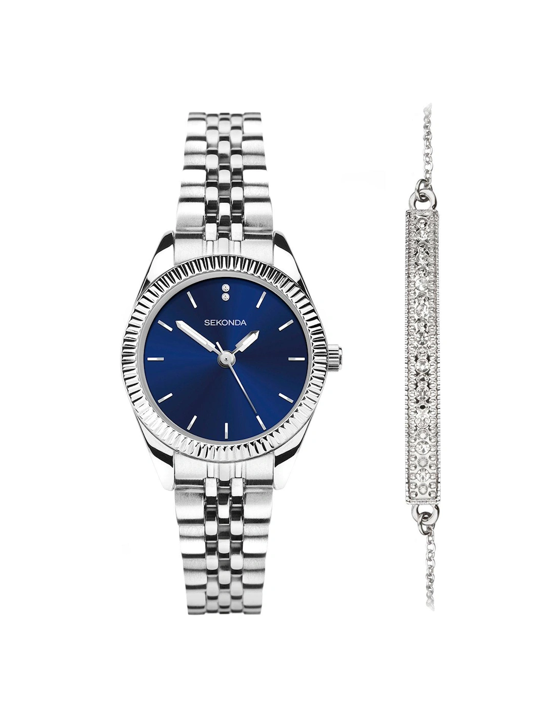 Classic Gift Set Womens 26mm Analogue Watch with Blue Dial, Silver Stainless Steel Bracelet and Stone Set Matching Bracelet, 3 of 2