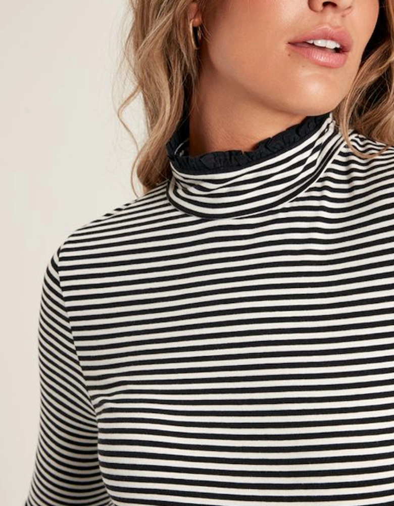 Women's Amy Roll Neck Jersey Top Black Cream Stripe