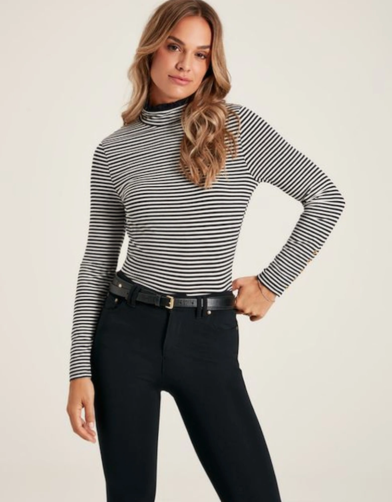 Women's Amy Roll Neck Jersey Top Black Cream Stripe