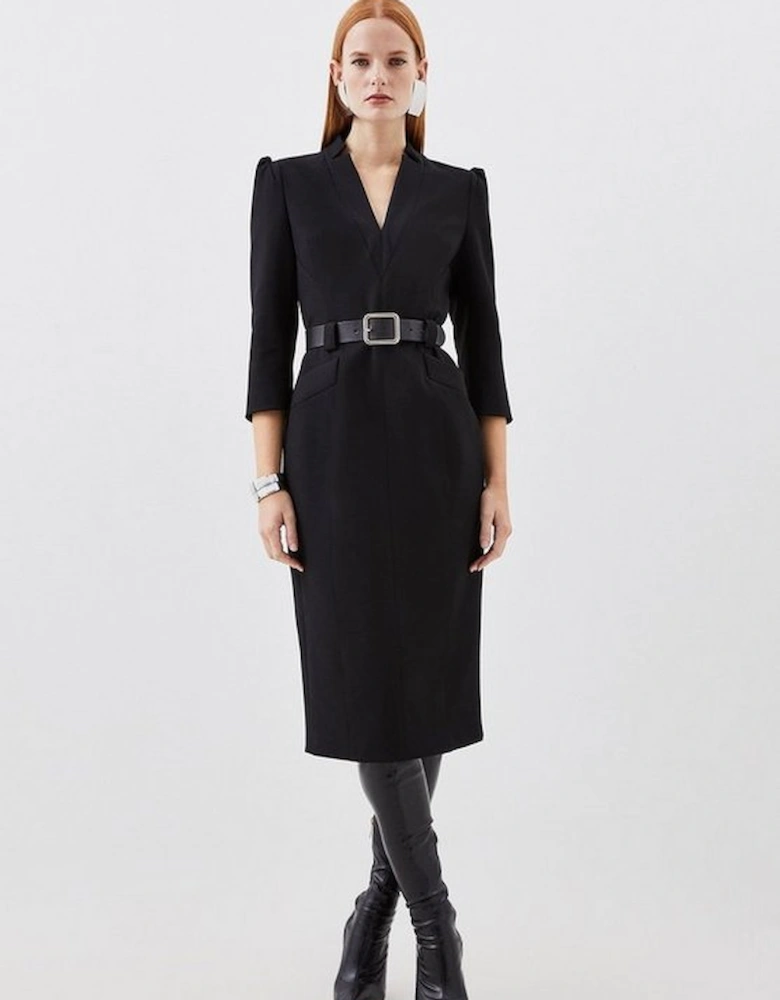 Compact Stretch Tailored Forever Belted Midi Dress