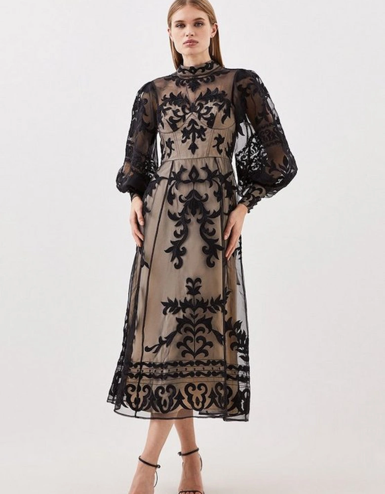 Baroque Applique Woven Midi Dress