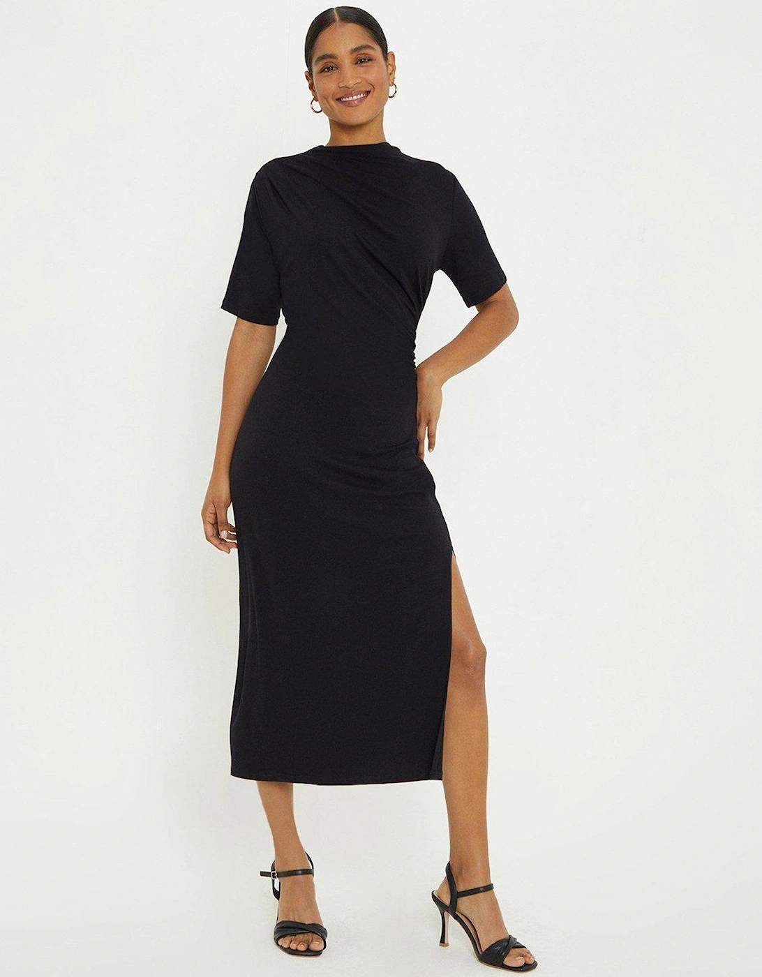 Ruched Short Sleeve Midi Dress - Black, 4 of 3