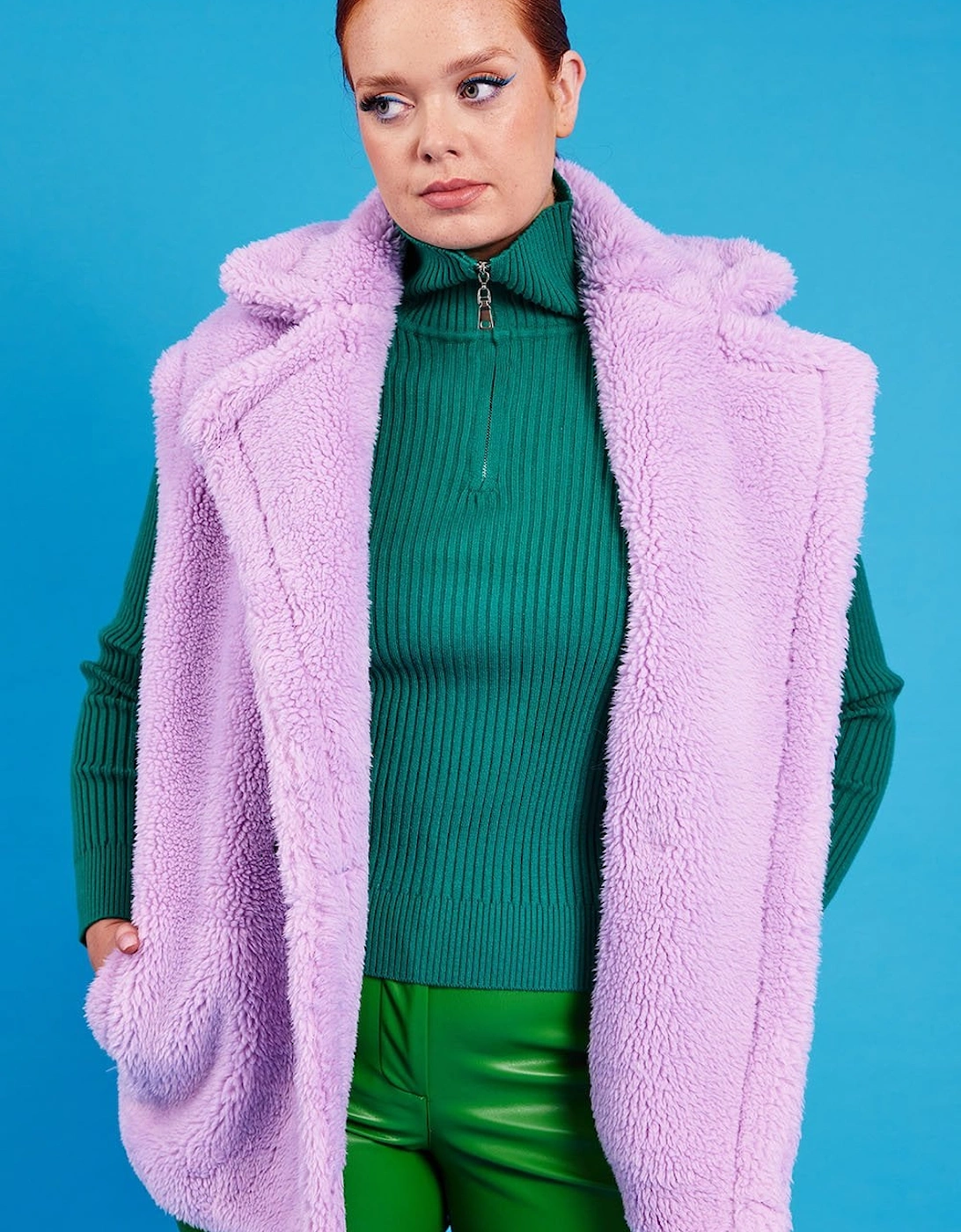 Purple Faux Shearling Midi Gilet