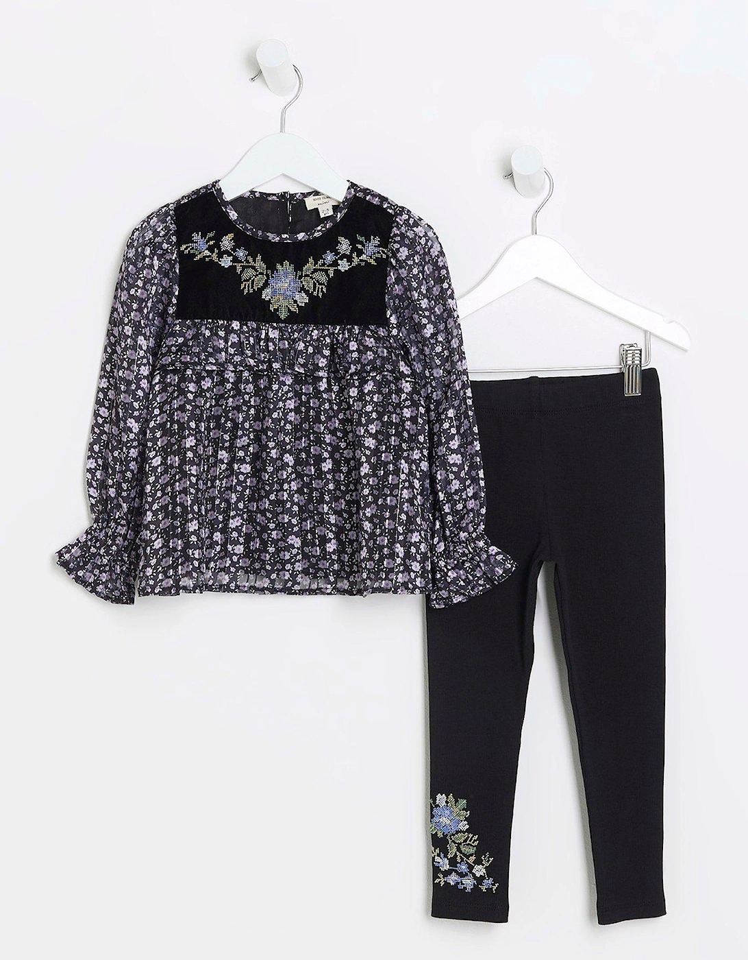 Mini Girl Embroidered Floral Top Set - Black, 3 of 2