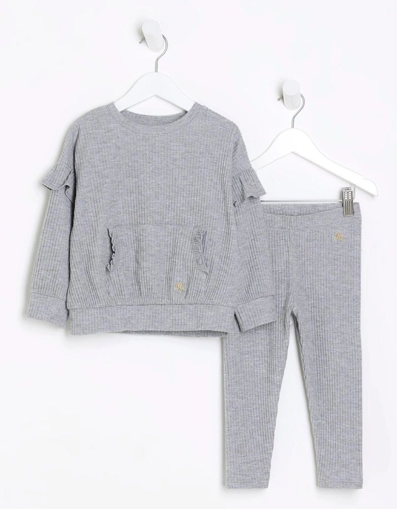 Mini Girl Cosy Rib Frill Sweatshirt Set - Grey
