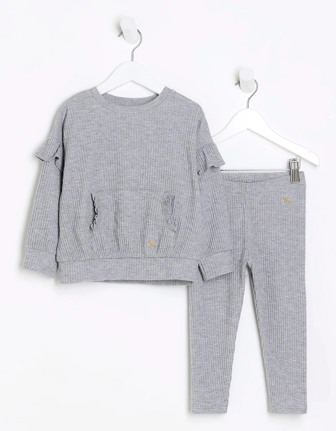 Mini Girl Cosy Rib Frill Sweatshirt Set - Grey, 6 of 5