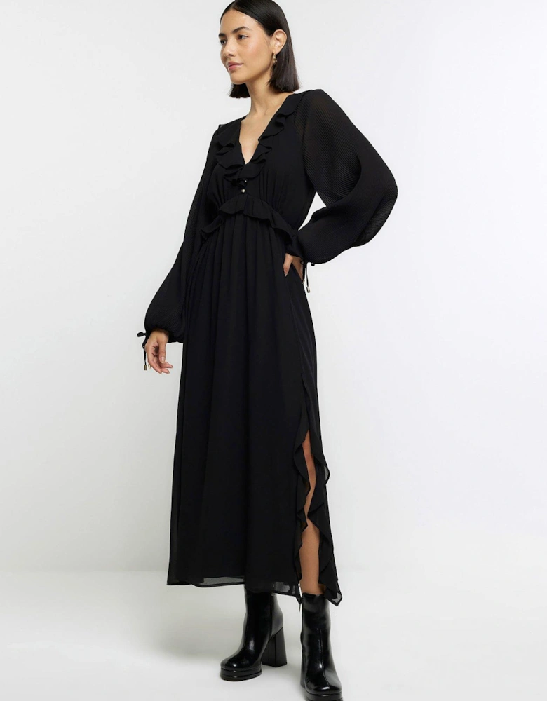 Pleated Frill Midaxi Dress - Black