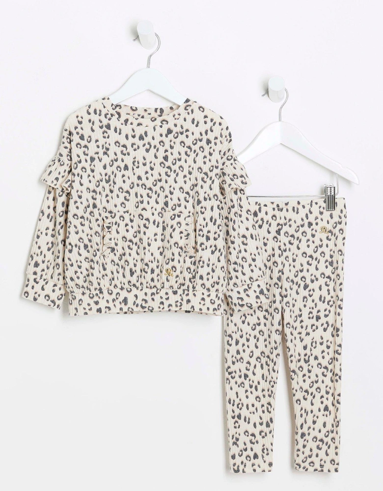 Mini Girl Leopard Frill Sweatshirt Set - Beige