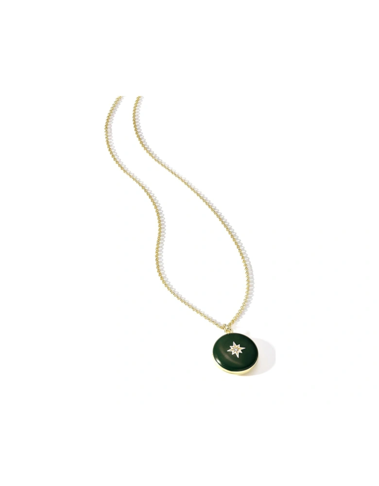 Gold Plated Sterling Silver Forest Green Enamel Cubic Zirconia Locket Pendant Necklace