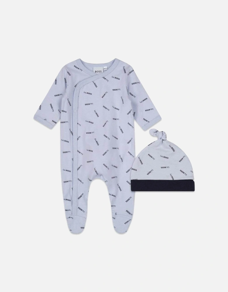 Baby Boys Pale Blue Logo Babygrow and Hat