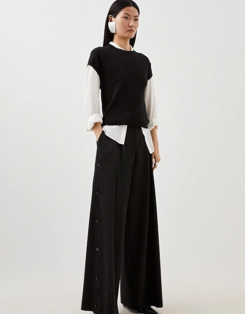 Viscose Linen Tailored Pleated Button Detail Straight Leg Trousers