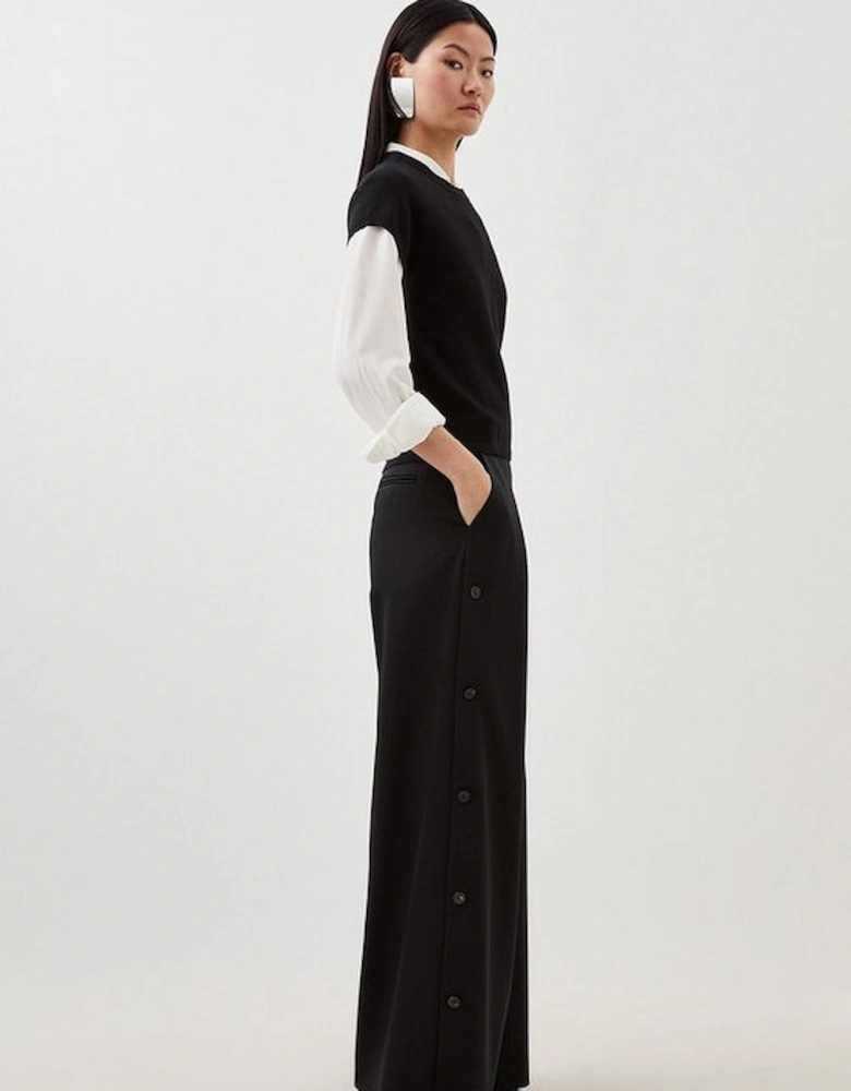 Viscose Linen Tailored Pleated Button Detail Straight Leg Trousers