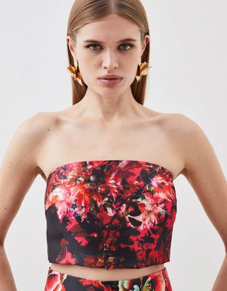 Floral Print Satin Twill Woven Bandeau Top