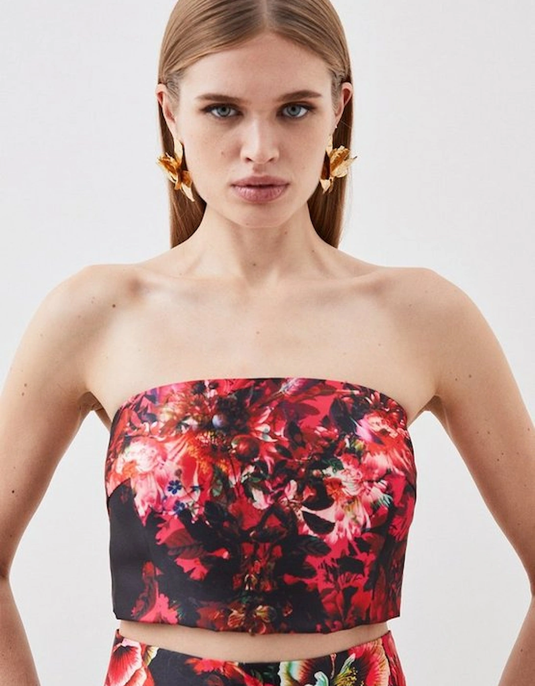 Floral Print Satin Twill Woven Bandeau Top, 5 of 4