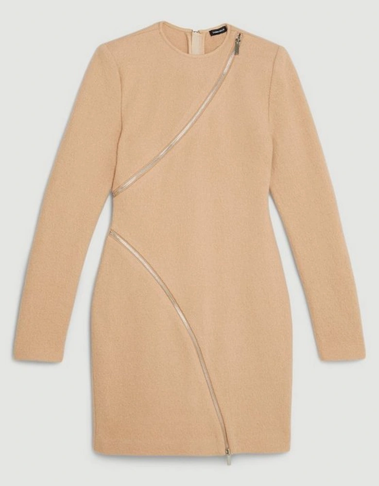 Premium 100% Washed Wool Knit Zip Detail Mini Dress