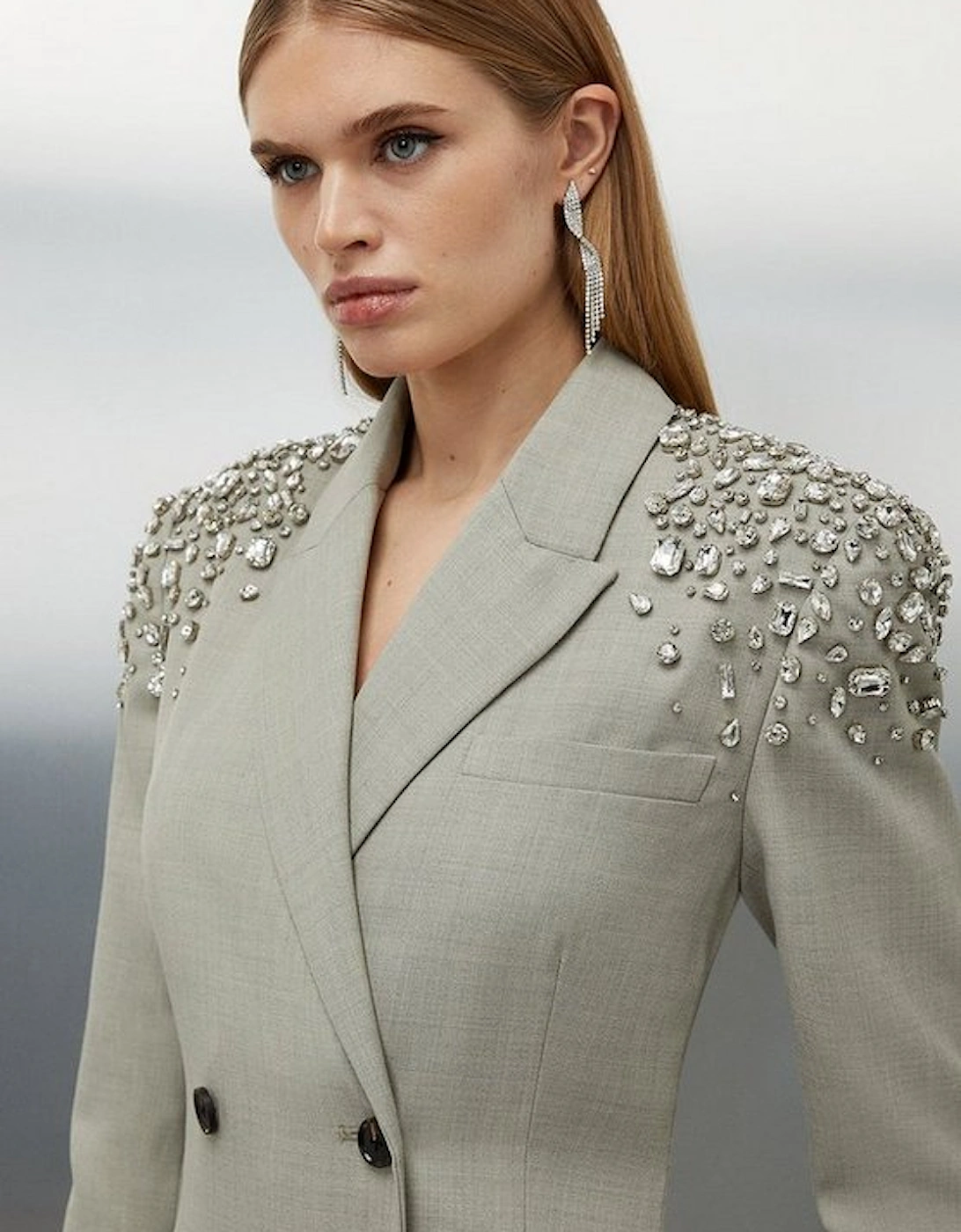 Tailored Wool Blend Embellished Open Back Detail Midi Blazer Dress