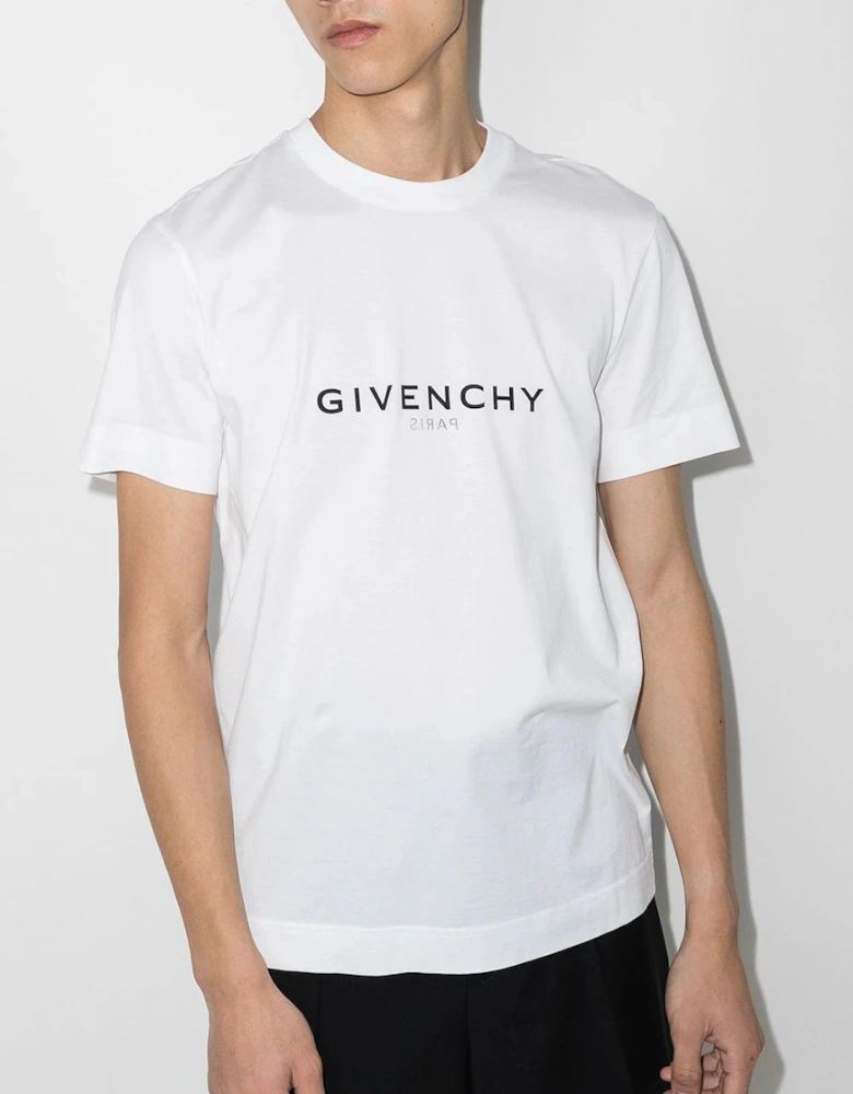 Reverse Paris Logo Print Slim Fit T-Shirt in White