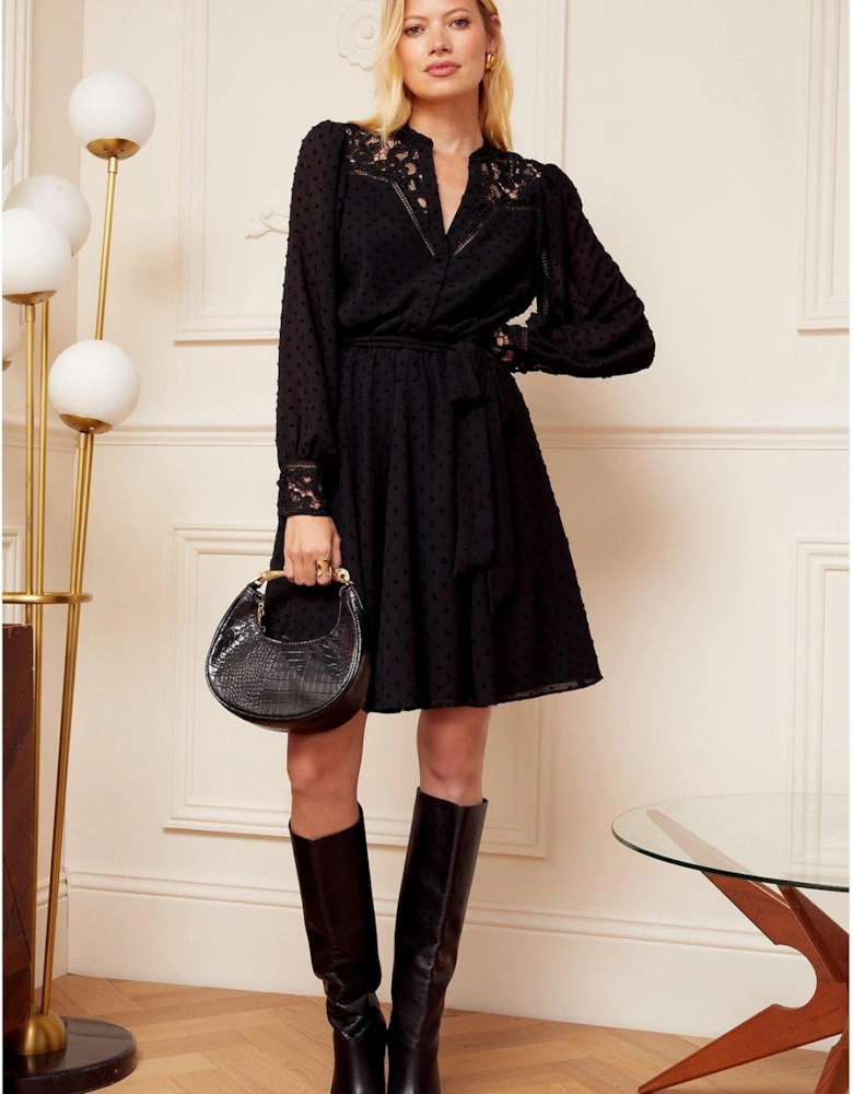 Lace Yoke Dobby Mini Dress - Black